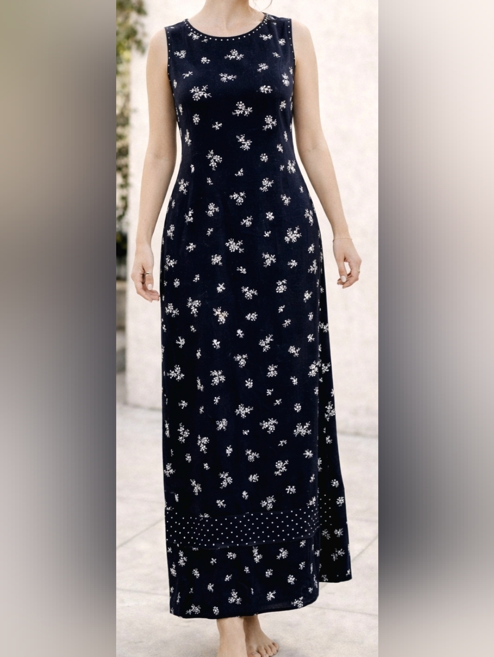 Carole Little Vintage Navy Floral Maxi Size 6 Sleeveless & Sheer Overlay Size 8